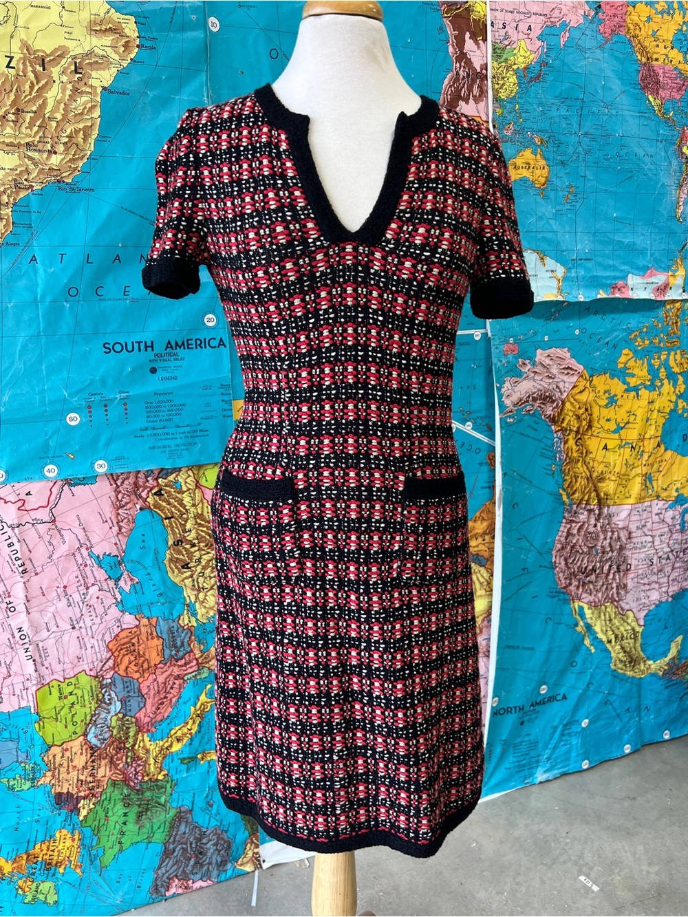 St. John Black and Red Tweed Knit Short-Sleeve Dress